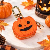 Mini Pumpkin Vegan Leather Zipper Pouch with Metal Keychain Clip