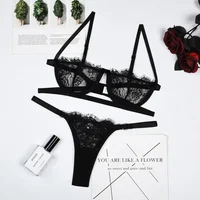 Womens Lace Lingerie Set with Sheer Embroidery and Wire Free Bra
