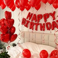Red Birthday Party Balloon Set with Heart Shaped Foil Balloons and Rose Petals