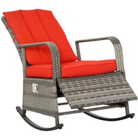 Outdoor PE Rattan Rocking Recliner Chair with Footrest and Red Cushions