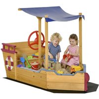 Kids Wooden Boat Sandbox with Canopy and Storage Bench