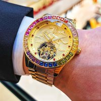 Men's Automatic Mechanical Watch with Gold Stainless Steel Band and Horse Design