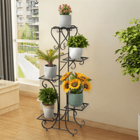 5 Tier Plant Stand with Solid Wood Base and Metal Shelves Black