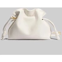 Genuine Cowhide Leather Shoulder Bag with Pleated Drawstring Bucket Design