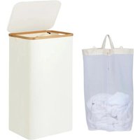 Kosz na pranie 100 l z pokrywą 75 x 40,5 x 33 cm składany materiałowy beżowy z bambusową ramą i wyjmowanym workiem