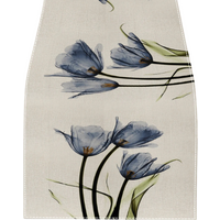 Lniany bieżnik na stół z motywem tulipanów rustykalny styl wiejski 33 × 183 cm lniana dekoracja stołowa na kuchenny stół jadalny niebieski