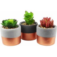 Leaf - 14cm Set of Three Stoneware Mini Copper Band Planters with Artificial Succulent Plants