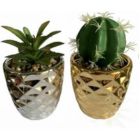 Leaf - 15cm Set of Two Silver and Gold Ceramic Planters with Artificial Cactus and Dracaena