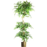 Leaf - 180cm Artificial Twisted Trunk Fruticosa Ficus Tree Triple Ball Topiary 1984 Leaves Gold Metal Planter