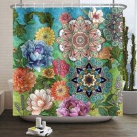 180Lx180Hcm Abstract Bohemian Shower Curtain Flowers Foliage Mildew Resistant Waterproof Polyester Fabric Washable Bathroom Curtain with 12 Hooks