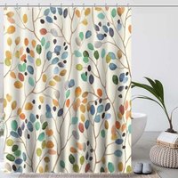 180x200cm Anti-Mold Shower Curtain, Beige Bathtub Curtain, Machine Washable, Colorful Botanical Pattern with Holes, Fabric Shower Curtain, Bathroom