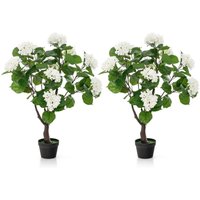 Costway - 2 Pack 105cm Artificial Hydrangea Tree Fake Floral Potted Plant 11 White Flowers