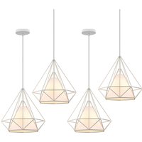 Metal Pendant Light White, Industrial Metal Iron Hanging Ceiling Lamp Ø25cm Diamond Cage Chandelier for Kitchen Island Dinding Room White 4PCS