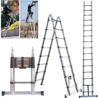 5M(2.5M+2.5M) Telescopic Ladder with Stabiliser Bar, A-Frame Stainless Steel Multi-Purpose Extendable Portable Loft Ladder Foldable Ladder, Max Load