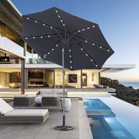 2.7M Garden Solar LED Parasol Sun Shade Patio Umbrella with Tilt Crank Black w/ Base