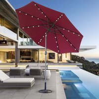 2.7M Garden Solar LED Parasol Sun Shade Patio Umbrella with Tilt Crank Wine Red w/ Base