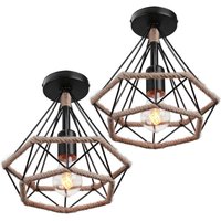 Axhup - 2pcs Ø25cm Dimaond Pendant Light Retro Hemp Rope Chandelier with Metal Cage Vintage Industrial Hanging Ceiling Lamp