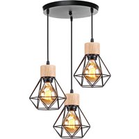 3 Lights Retro Pendant Light Vintage Industrial Cage Diamond Shape Chandelier for Living Room Kitchen Black