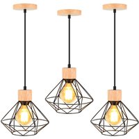 3 Pack Pendant Light Retro Vintage Chandelier Industrial Metal and Wood Cage Ceiling Light in Diamond Shape for Bedroom Living Room Black