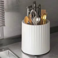 360° rotating knife holder for kitchen worktop, large capacity multifunctional storage box (white and grey)