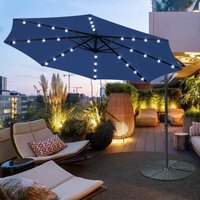 3m Garden Hanging Parasol Sun Shade Patio 32 LED Banana Umbrella Cantilever Blue w/ Base