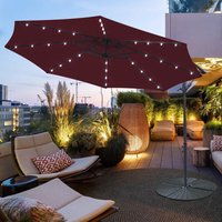 3m Garden Hanging Parasol Sun Shade Patio 32 LED Banana Umbrella Cantilever Wine Red w/ Base