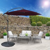 3M Outdoor Hanging Parasol Patio Banana Sun Shade Garden Canopy Umbrella Wine Red with Base