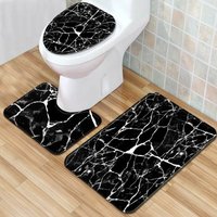 3pcs/set Marbling Non-Slip Bathroom Mat Rug Set Bathroom Rug + U-shaped Toilet Mat + Lid Cover, Black
