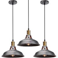 3X Vintage Pendant Light, Hanging Light with Dome Metal Lampshade, Retro Industrial Chandelier for Kitchen Island (Grey, Ø27cm)