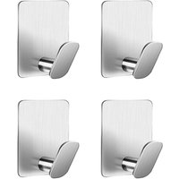 4 Pieces Adhesive Wall Hooks, Coat Rack, Towel Rack, Bathroom Towel Hook, Kitchen Towel Hook, No Drilling Required, Stainless Steel, Silver