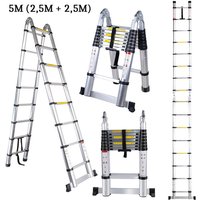 5M Telescopic Ladder Extension Tall Multi Purpose Folding Loft Ladder with stabilizer, 330 pound/150 kg Capacity (Silver)