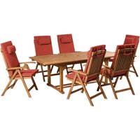 6 Seater Garden Dining Set Acacia Wood Foldable Chairs Red Cushions Java Premium