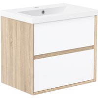 600mm Gloss White Oak Bathroom Vanity Unit with Wash Resin Basin Wall Hung Storage Cabinet 2 Drawers