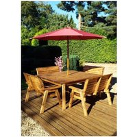 8 Seater Wooden Square Table and 4 x Garden Benches Parasol Red - Charles Taylor