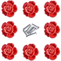 8pcs Elegant Rose Red Pull Flower Ceramic Furniture Knobs Cabinet Drawer Handles