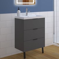 Acezanble 600mm Vanity Unit with Resin Basin Sink Floor Standing 3 Drawer Black Metal Handles Matt Grey Bathroom Cabinet Storage Furniture