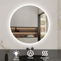 Acezanble - Bathroom led Mirror 70cm, Illuminated Backlit Makeup Mirror with Demister Round Bathroom Mirror