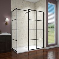 Aica 700x700x1850mm Two Glass Black Walk In Wet room Shower Enclosure 8mm Nano Glass Screen with 1200x800mm Stone Tray Free Waste