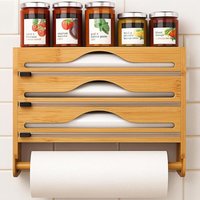 Aluminum Foil and Film Dispenser, Paper Towel Cutter, Wall-Mounted Roll Holder, Film Organizer for 3 Rolls, Food Wrap Dispenser with Paper Towel