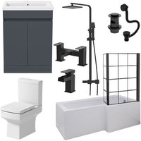 Aquari Complete Bathroom Suite Black RH Shower Bath Screen Vanity Basin Toilet 1700mm