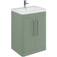 Balterley Contemporary Bathroom Floor Standing Vanity Unit with 2 Soft Close Doors & 1 Tap Hole Ceramic Basin, Satin Green, 600mm