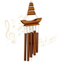 bamboo wind chime, harmonious woody sound, brown sailboat-shaped garden decoration, for balcony, terrace, indoor Feng Shui