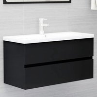 Bathroom furniture set: vanity unit with ceramic basin, mirrored cabinet, tall cabinet, black, 90 x 38.5 x 45 cm. Tap and drain not included.