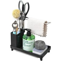 Bathroom sink organizer with drainer, towel rack for sponge, kitchen and bathroom brushes