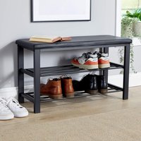 Home Source - Black Metal Shoe Bench with Storage Shelf with Hallway Seating And Two Shelves