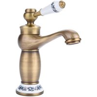 Ymyny - Ceramic antique brass faucet, bathroom sink faucet, blue and white porcelain long neck retro faucet, mixer faucet, kitchen cold/hot water