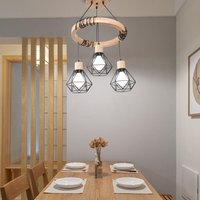 Axhup - Chandelier Pendant Light Iron Diamond Lampshade- Style Retro - 3 Lights - Adjustable Rope - Black