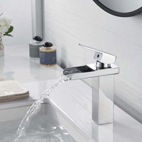 Chrome Waterfall Bathroom Faucet Modern Square Brass Basin Mixer Tap Widespread Bathroom Sink Faucet Silver Hand Wash Faucet, Hot and Cold Water, G3/8