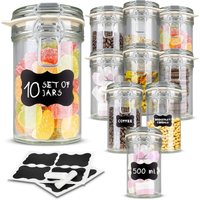 10 x Airtight Glass Jars with Labels and Chalk 500 ml