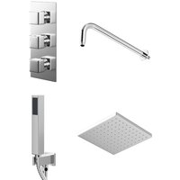 Wholesale Domestic Cubix Polished Chrome Triple Thermostatic Valve Mixer Shower with Square Fixed Head and Square Handset Outlet Holder - 2 Outlet